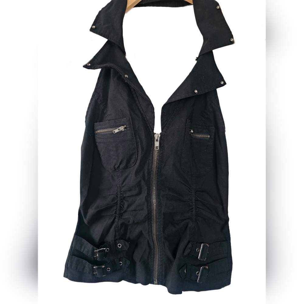 Oh Yes Y2K Vintage Rhinestone Studded Zip Up Black Women's Halter Vest Sz Md